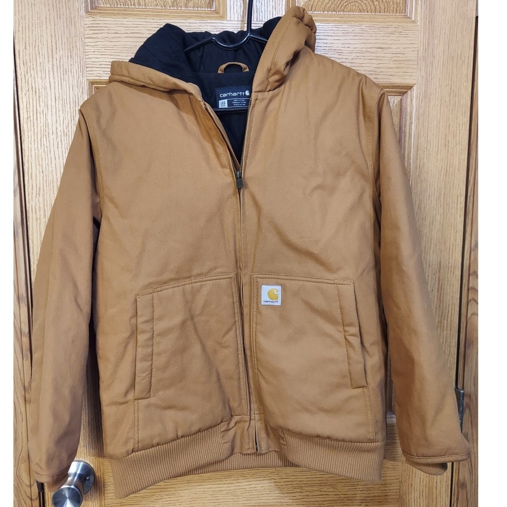 Carhartt Brown Duck Quilted Lined Jacket Hooded Youth Size L 14-16 OJ8545B